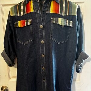 Lucky & Blessed Dark Denim Shirt with Green and Blue Serape Trim size XL